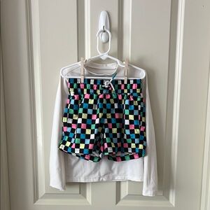 Colorful Checkered Bathing Suit with White Long Sleeve Rash Guard